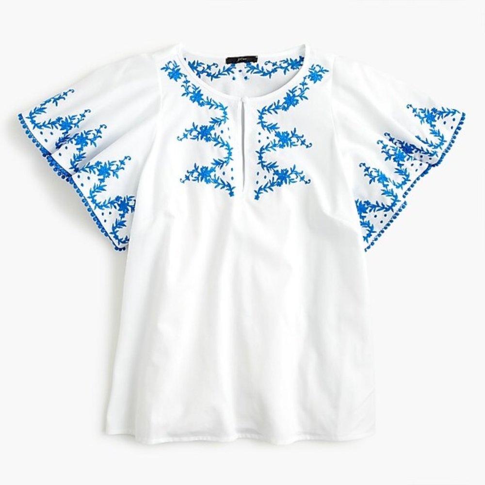 NWT J. Crew Flutter Sleeve Top Embroidered Trim XS